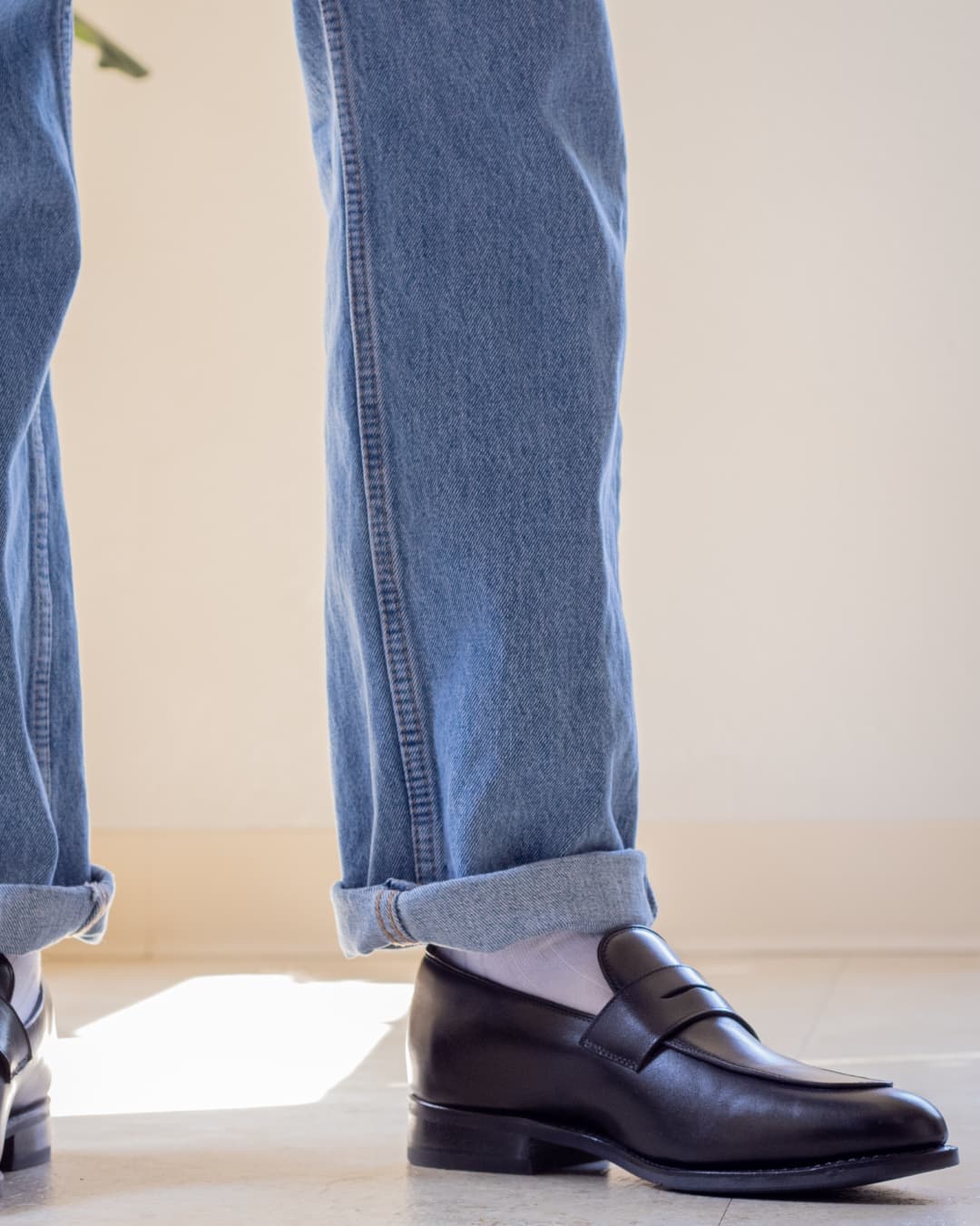 Black and Blue: Mid-Light Denim with Black Slip-Ons